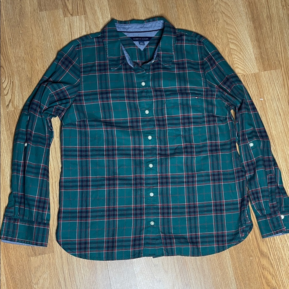 Tommy Hilfiger Green and Red Plaid Blouse